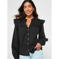 V By Very Pleated Lace Trim Cotton Blouse - Black