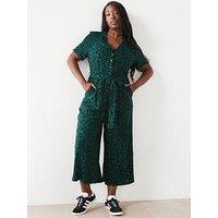 V By Very Curve Animal Print Button Through Cropped Jumpsuit - Green