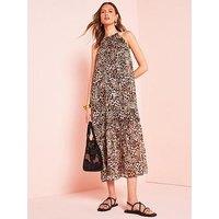 V By Very Leopard Print Halter Smock Midi Dress - Brown