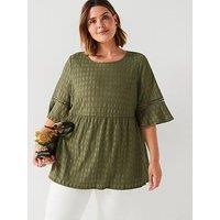 V By Very Curve Lace Round Neck Peplum Top - Khaki