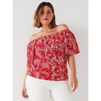 V By Very Curve Angel Sleeve Banded Hem Top - Print