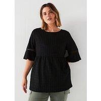 V By Very Curve Lace Trim Fluted Sleeve Peplum Top - Black