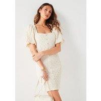 V By Very Square Neck Puff Sleeve Mini Dress - Cream