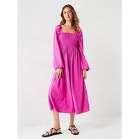 V By Very Shirred Long Sleeve Midi Dress - Pink