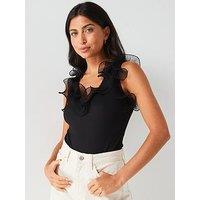 V By Very Mesh Frill Shoulder Bodysuit -Black