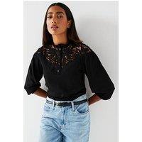 V By Very Crochet Insert Long Sleeve Top - Black