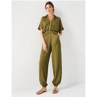 V By Very Open Collar Crinkle Jumpsuit - Khaki