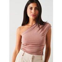 V By Very One Shoulder Drape Top - Brown