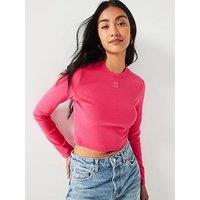 Hugo Dafilomena Long Sleeve Cropped T-Shirt - Pink