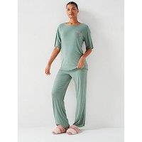 V By Very Lettuce Hem Rib Longline Top And Wide Leg Pj Set - Blue