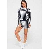 V By Very Long Sleeve Top And Shorts Stripe Pj Set - Navy/White