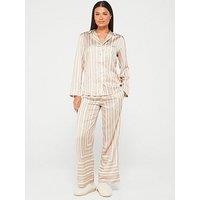 V By Very Placement Stripe Long Sleeve Revere Pj Set - Beige