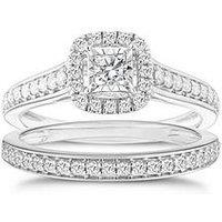 Ernest Jones 9Ct White Gold Wedding & Engagement Ring Set. 0.50Ct Diamond Cushion Halo Bridal Set