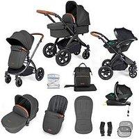Ickle Bubba Stomp Luxe 12 Piece Travel System With I-Size Stratus Car Seat & Isofix Base - Black / Charcoal Grey / Tan