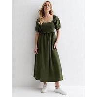 New Look Khaki Square Neck Shirred Midi Dress