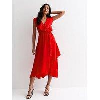 New Look Red Sleeveless Belted Ruffle Midi Dress