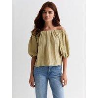 New Look Light Green Bardot Puff Sleeve Top