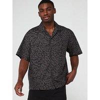 Hugo Egeeno Oversized Monogram Print Short Sleeve Cuban Shirt - Black