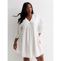 New Look Curves White Cotton Embroidered Mini Smock Dress