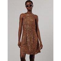 Religion Metallic Halter Neck Mini Dress In Soft Sequin - Brown