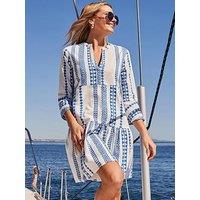 Sosandar Embroidered Cotton Smock Mini Dress - White/Blue