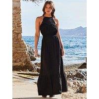 Sosandar Crochet Panel Tired Halter Dress - Black