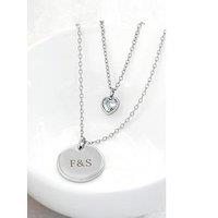 Treat Republic Personalised Layered Crystal Heart And Disc Necklace In Silver