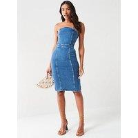 V By Very Bandeau Denim Dress - Mid Wash