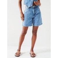 V By Very Pleat Soft Denim Longline Shorts - Mid Wash