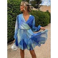 In The Style Perrie Sian Blue Tie Dye Godet Detail Wrap Swing Dress