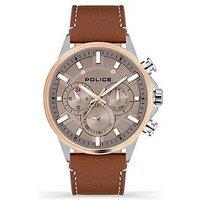 Police Kismet Ss Multi Dial Brown Leather Strap Watch