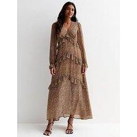 New Look Brown Animal Print V Neck Ruffle Midi Dress