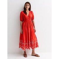 New Look Red Cotton Broderie Hem Midi Dress