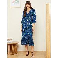 Love & Roses Blue Animal Moss Crepe Twist Dress-Blue