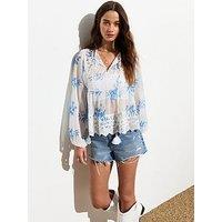 New Look Blue Floral Print Broderie Tie Neck Blouse