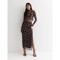 New Look Brown Animal Print Mesh Split Hem Midi Skirt