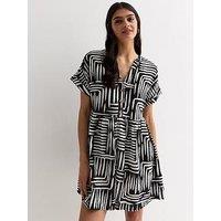 New Look Black Line Print Cotton Mini Smock Dress