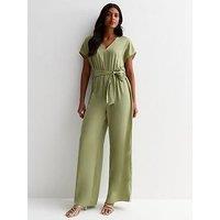 New Look Green Satin Short Sleeve Belted Wide Leg Jumpsuit