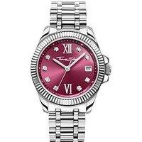 Thomas Sabo Silver Watch, Burgundy Dial, White Stones. Sapphire Glass, Butterfly Clasp, Zirconia, 3 Hands
