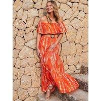 Sosandar Belted Bardot Crinkle Tiered Dress - Orange