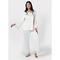 Chelsea Peers Satin Fringe Trim Long Pyjama Set - Ivory