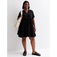 New Look Curves Black Cotton Button Front Mini Smock Dress - Black