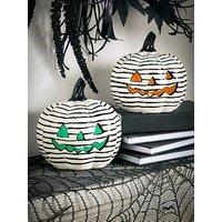 Very Home Set Of 2 Light-Up Striped Ceramic Pumpkin Decorations