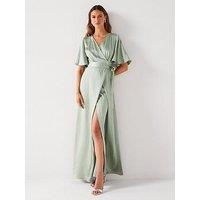 Six Stories Wrap Tie Satin Bridesmaid Dress - Sage