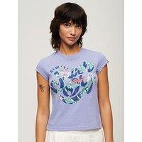 Superdry Floral Scripted Cap Sleeve T-Shirt - Purple