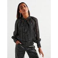 V By Very Stripe Pussy Bow Lurex Blouse - Black