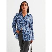 V By Very Mono Leopard Printed Longline Oversized Shirt - Blue