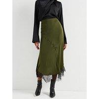 V By Very Lace Hem Satin Midi Skirt - Khaki