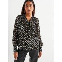 V By Very Pussy Bow Lurex Blouse - Black/Gold