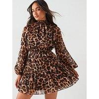 V By Very Leopard Print Mini Skater Dress - Brown